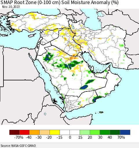 Middle East and Turkey SMAP Root Zone (0-100 cm) Soil Moisture Anomaly (%) Thematic Map For 11/6/2023 - 11/10/2023