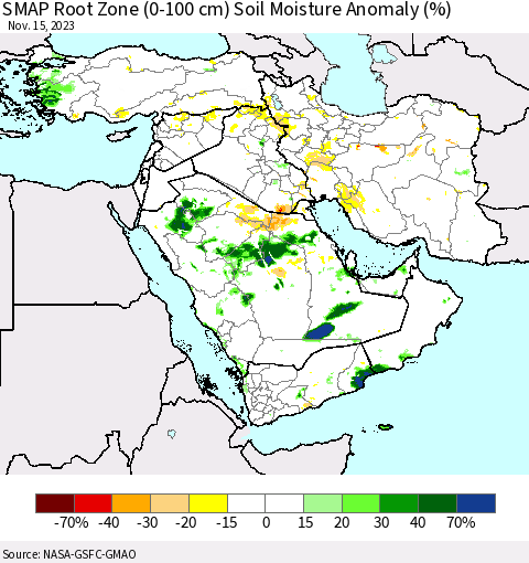 Middle East and Turkey SMAP Root Zone (0-100 cm) Soil Moisture Anomaly (%) Thematic Map For 11/11/2023 - 11/15/2023