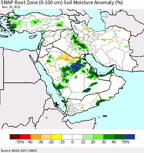 Middle East and Turkey SMAP Root Zone (0-100 cm) Soil Moisture Anomaly (%) Thematic Map For 11/16/2023 - 11/20/2023
