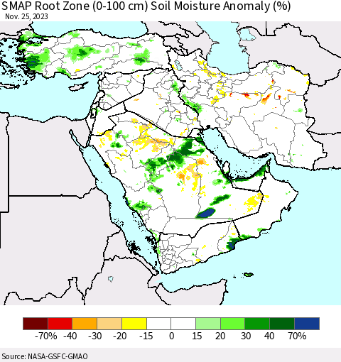 Middle East and Turkey SMAP Root Zone (0-100 cm) Soil Moisture Anomaly (%) Thematic Map For 11/21/2023 - 11/25/2023