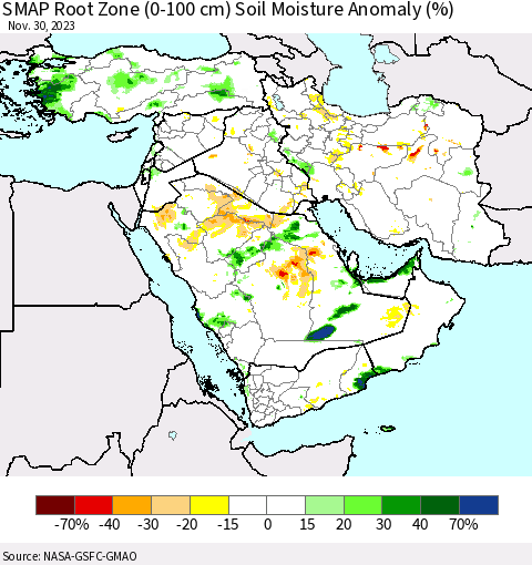 Middle East and Turkey SMAP Root Zone (0-100 cm) Soil Moisture Anomaly (%) Thematic Map For 11/26/2023 - 11/30/2023
