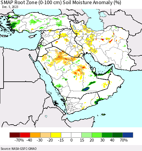 Middle East and Turkey SMAP Root Zone (0-100 cm) Soil Moisture Anomaly (%) Thematic Map For 12/1/2023 - 12/5/2023