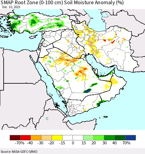 Middle East and Turkey SMAP Root Zone (0-100 cm) Soil Moisture Anomaly (%) Thematic Map For 12/6/2023 - 12/10/2023