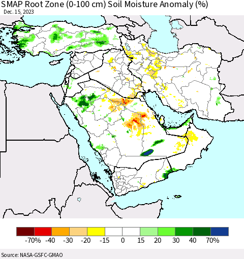 Middle East and Turkey SMAP Root Zone (0-100 cm) Soil Moisture Anomaly (%) Thematic Map For 12/11/2023 - 12/15/2023