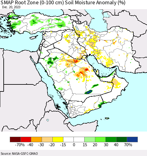 Middle East and Turkey SMAP Root Zone (0-100 cm) Soil Moisture Anomaly (%) Thematic Map For 12/16/2023 - 12/20/2023