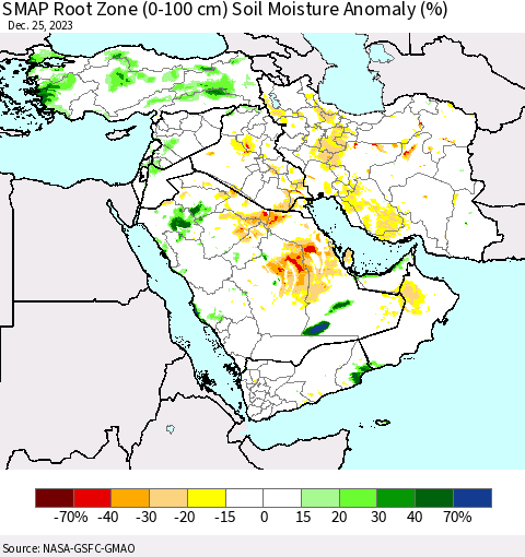 Middle East and Turkey SMAP Root Zone (0-100 cm) Soil Moisture Anomaly (%) Thematic Map For 12/21/2023 - 12/25/2023