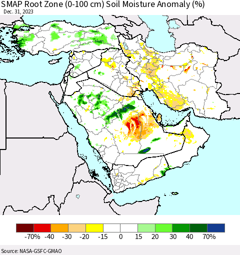 Middle East and Turkey SMAP Root Zone (0-100 cm) Soil Moisture Anomaly (%) Thematic Map For 12/26/2023 - 12/31/2023