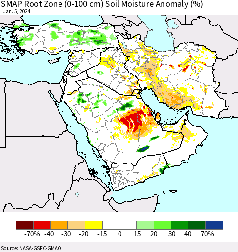 Middle East and Turkey SMAP Root Zone (0-100 cm) Soil Moisture Anomaly (%) Thematic Map For 1/1/2024 - 1/5/2024