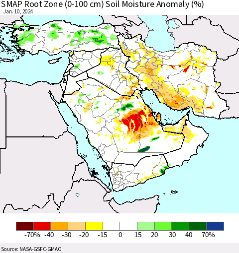 Middle East and Turkey SMAP Root Zone (0-100 cm) Soil Moisture Anomaly (%) Thematic Map For 1/6/2024 - 1/10/2024