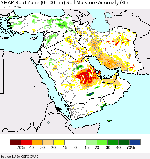 Middle East and Turkey SMAP Root Zone (0-100 cm) Soil Moisture Anomaly (%) Thematic Map For 1/11/2024 - 1/15/2024