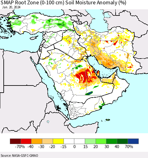Middle East and Turkey SMAP Root Zone (0-100 cm) Soil Moisture Anomaly (%) Thematic Map For 1/16/2024 - 1/20/2024