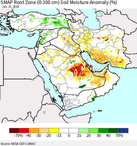Middle East and Turkey SMAP Root Zone (0-100 cm) Soil Moisture Anomaly (%) Thematic Map For 1/26/2024 - 1/31/2024