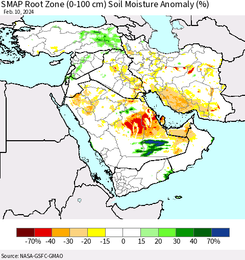 Middle East and Turkey SMAP Root Zone (0-100 cm) Soil Moisture Anomaly (%) Thematic Map For 2/6/2024 - 2/10/2024