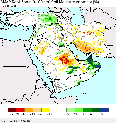 Middle East and Turkey SMAP Root Zone (0-100 cm) Soil Moisture Anomaly (%) Thematic Map For 2/11/2024 - 2/15/2024