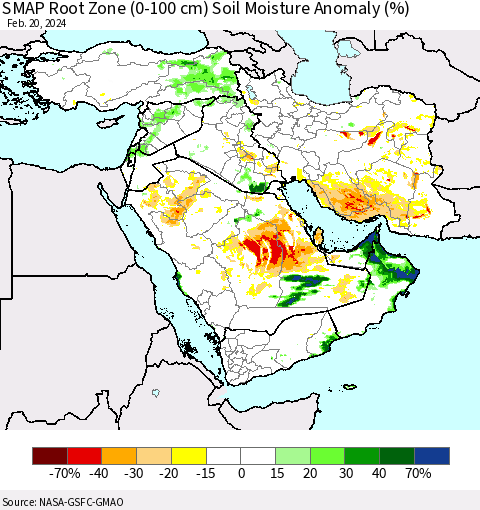 Middle East and Turkey SMAP Root Zone (0-100 cm) Soil Moisture Anomaly (%) Thematic Map For 2/16/2024 - 2/20/2024