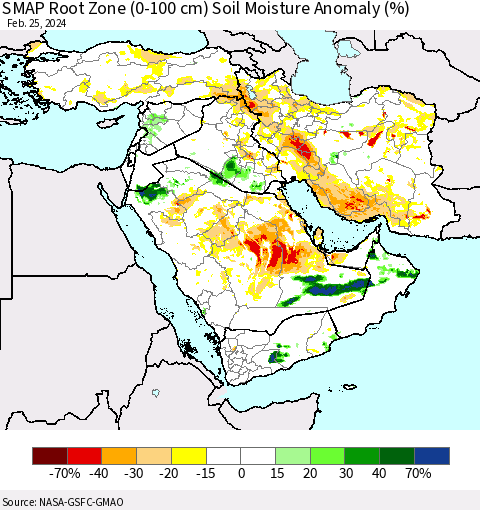 Middle East and Turkey SMAP Root Zone (0-100 cm) Soil Moisture Anomaly (%) Thematic Map For 2/21/2024 - 2/25/2024
