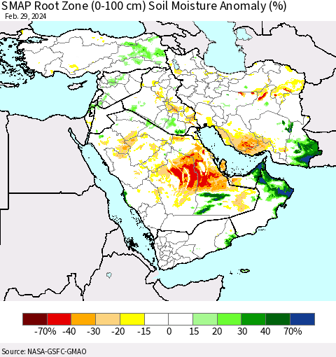 Middle East and Turkey SMAP Root Zone (0-100 cm) Soil Moisture Anomaly (%) Thematic Map For 2/26/2024 - 2/29/2024