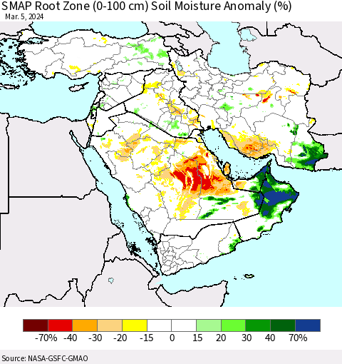 Middle East and Turkey SMAP Root Zone (0-100 cm) Soil Moisture Anomaly (%) Thematic Map For 3/1/2024 - 3/5/2024