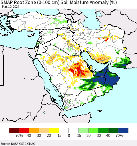 Middle East and Turkey SMAP Root Zone (0-100 cm) Soil Moisture Anomaly (%) Thematic Map For 3/6/2024 - 3/10/2024
