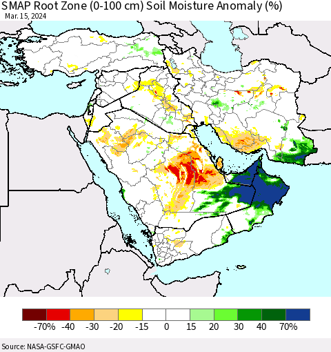 Middle East and Turkey SMAP Root Zone (0-100 cm) Soil Moisture Anomaly (%) Thematic Map For 3/11/2024 - 3/15/2024