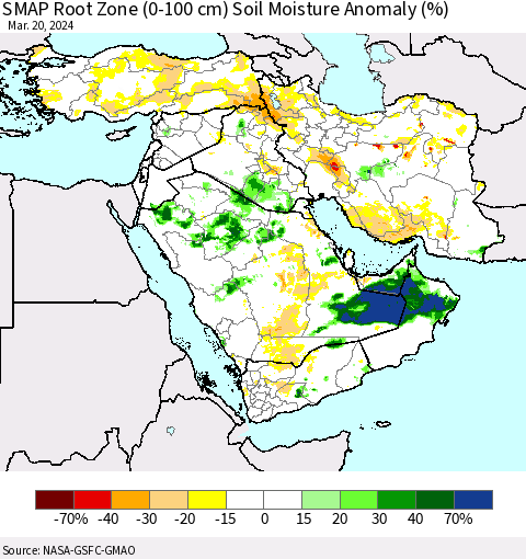 Middle East and Turkey SMAP Root Zone (0-100 cm) Soil Moisture Anomaly (%) Thematic Map For 3/16/2024 - 3/20/2024