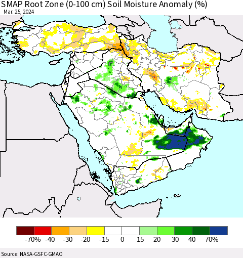 Middle East and Turkey SMAP Root Zone (0-100 cm) Soil Moisture Anomaly (%) Thematic Map For 3/21/2024 - 3/25/2024