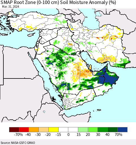Middle East and Turkey SMAP Root Zone (0-100 cm) Soil Moisture Anomaly (%) Thematic Map For 3/26/2024 - 3/31/2024