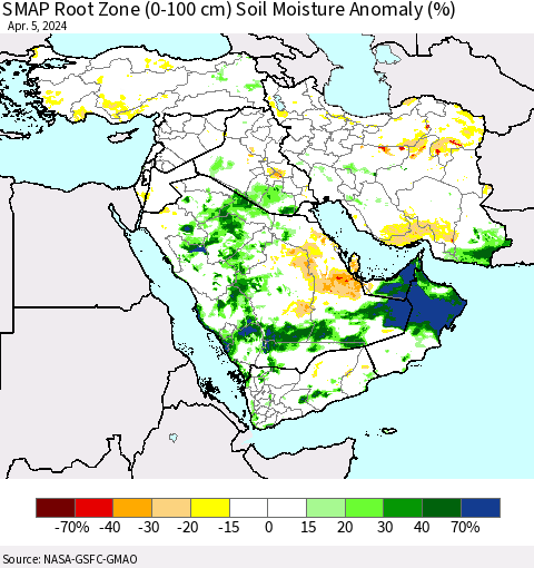Middle East and Turkey SMAP Root Zone (0-100 cm) Soil Moisture Anomaly (%) Thematic Map For 4/1/2024 - 4/5/2024