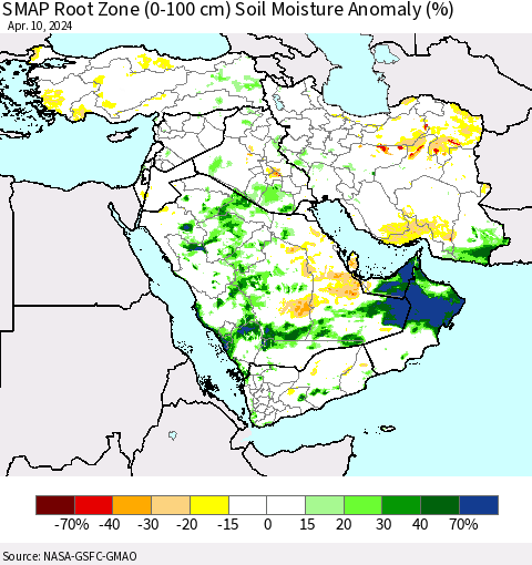 Middle East and Turkey SMAP Root Zone (0-100 cm) Soil Moisture Anomaly (%) Thematic Map For 4/6/2024 - 4/10/2024