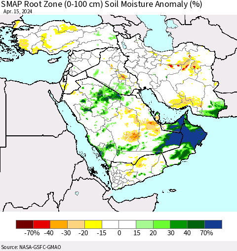 Middle East and Turkey SMAP Root Zone (0-100 cm) Soil Moisture Anomaly (%) Thematic Map For 4/11/2024 - 4/15/2024