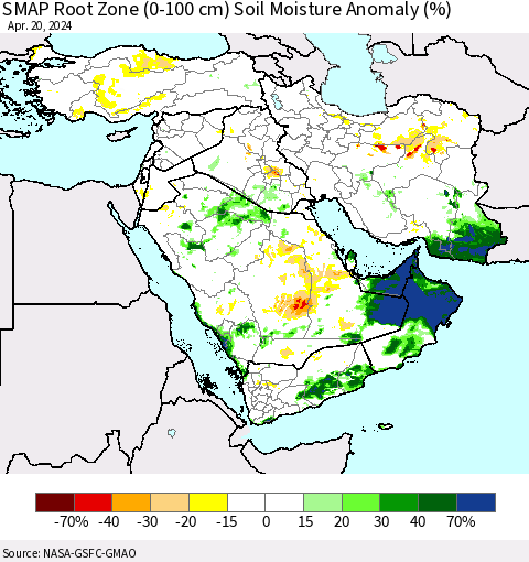 Middle East and Turkey SMAP Root Zone (0-100 cm) Soil Moisture Anomaly (%) Thematic Map For 4/16/2024 - 4/20/2024