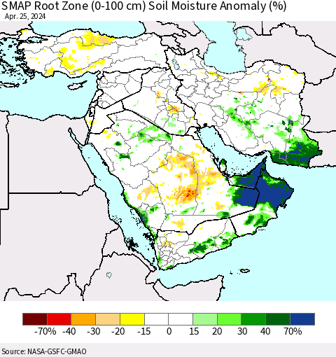 Middle East and Turkey SMAP Root Zone (0-100 cm) Soil Moisture Anomaly (%) Thematic Map For 4/21/2024 - 4/25/2024