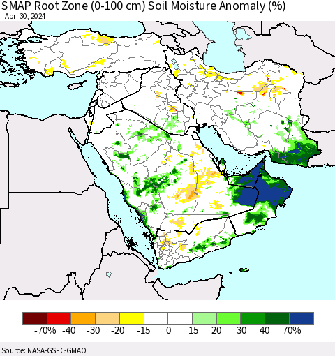 Middle East and Turkey SMAP Root Zone (0-100 cm) Soil Moisture Anomaly (%) Thematic Map For 4/26/2024 - 4/30/2024