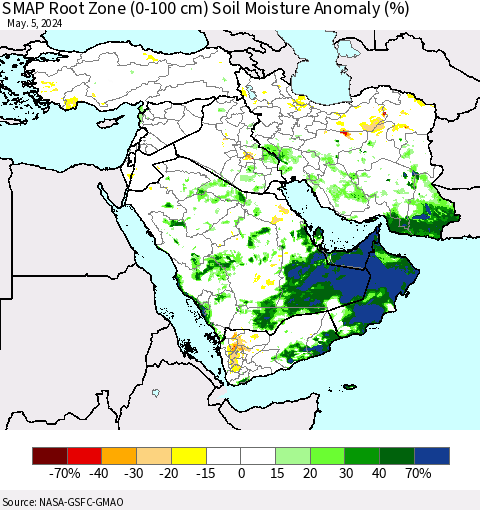 Middle East and Turkey SMAP Root Zone (0-100 cm) Soil Moisture Anomaly (%) Thematic Map For 5/1/2024 - 5/5/2024