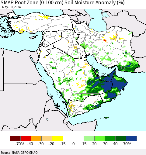 Middle East and Turkey SMAP Root Zone (0-100 cm) Soil Moisture Anomaly (%) Thematic Map For 5/6/2024 - 5/10/2024