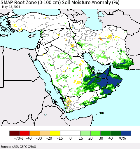 Middle East and Turkey SMAP Root Zone (0-100 cm) Soil Moisture Anomaly (%) Thematic Map For 5/11/2024 - 5/15/2024