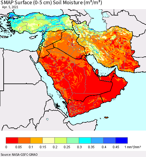 Middle East and Turkey SMAP Surface (0-5 cm) Soil Moisture (m³/m³) Thematic Map For 4/1/2021 - 4/5/2021