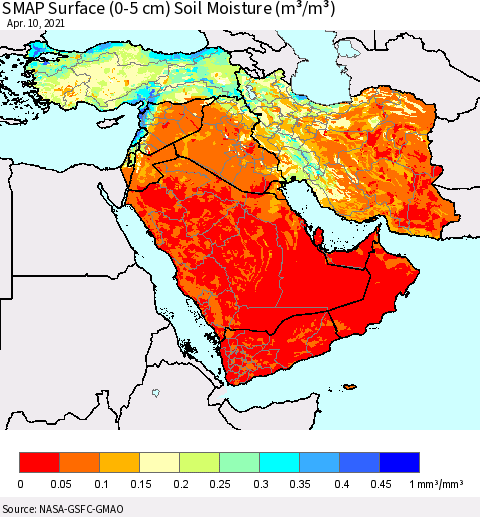Middle East and Turkey SMAP Surface (0-5 cm) Soil Moisture (m³/m³) Thematic Map For 4/6/2021 - 4/10/2021