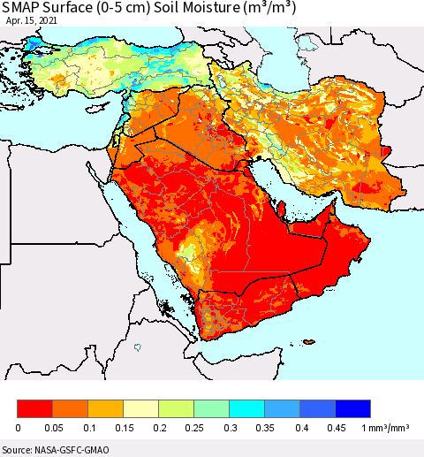 Middle East and Turkey SMAP Surface (0-5 cm) Soil Moisture (m³/m³) Thematic Map For 4/11/2021 - 4/15/2021