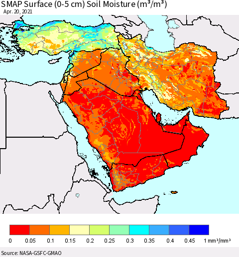 Middle East and Turkey SMAP Surface (0-5 cm) Soil Moisture (m³/m³) Thematic Map For 4/16/2021 - 4/20/2021