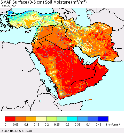 Middle East and Turkey SMAP Surface (0-5 cm) Soil Moisture (m³/m³) Thematic Map For 4/21/2021 - 4/25/2021