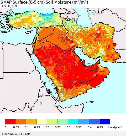 Middle East and Turkey SMAP Surface (0-5 cm) Soil Moisture (m³/m³) Thematic Map For 4/26/2021 - 4/30/2021