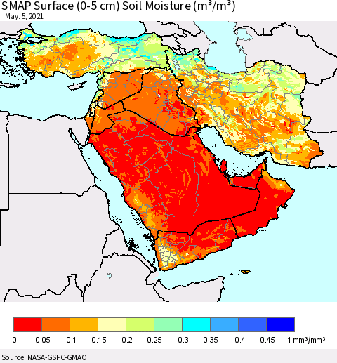 Middle East and Turkey SMAP Surface (0-5 cm) Soil Moisture (m³/m³) Thematic Map For 5/1/2021 - 5/5/2021