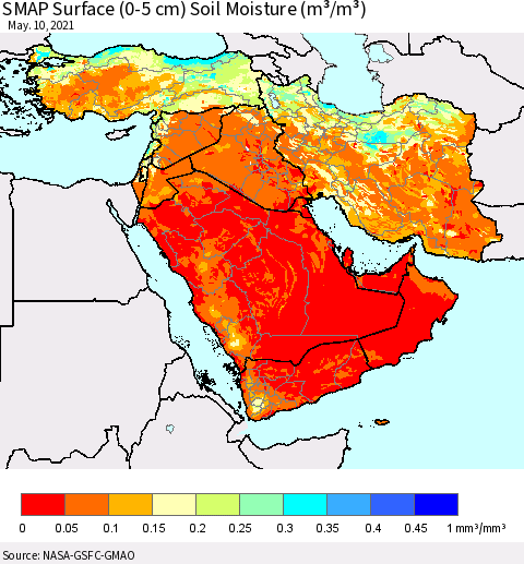 Middle East and Turkey SMAP Surface (0-5 cm) Soil Moisture (m³/m³) Thematic Map For 5/6/2021 - 5/10/2021