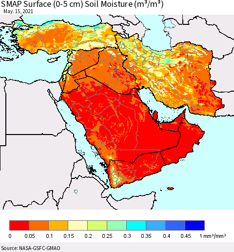 Middle East and Turkey SMAP Surface (0-5 cm) Soil Moisture (m³/m³) Thematic Map For 5/11/2021 - 5/15/2021