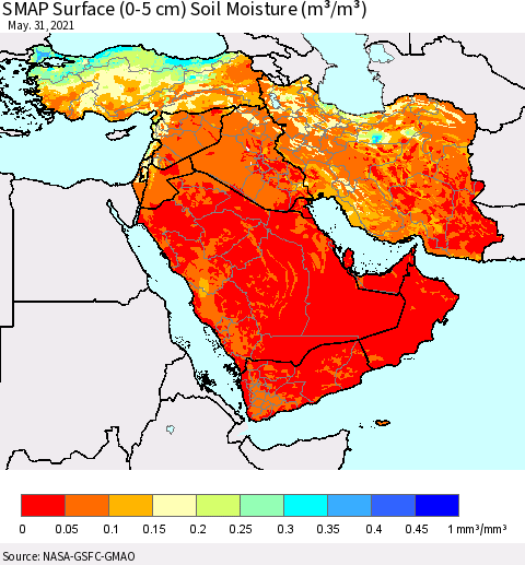 Middle East and Turkey SMAP Surface (0-5 cm) Soil Moisture (m³/m³) Thematic Map For 5/26/2021 - 5/31/2021