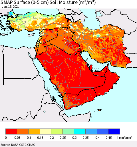 Middle East and Turkey SMAP Surface (0-5 cm) Soil Moisture (m³/m³) Thematic Map For 6/11/2021 - 6/15/2021