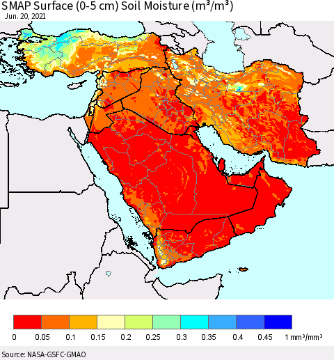 Middle East and Turkey SMAP Surface (0-5 cm) Soil Moisture (m³/m³) Thematic Map For 6/16/2021 - 6/20/2021
