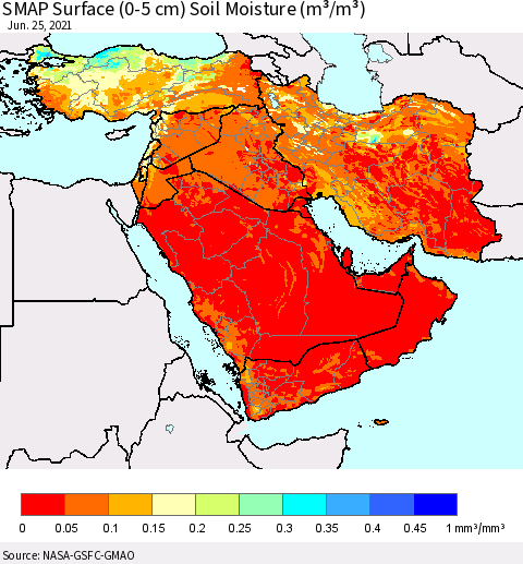 Middle East and Turkey SMAP Surface (0-5 cm) Soil Moisture (m³/m³) Thematic Map For 6/21/2021 - 6/25/2021