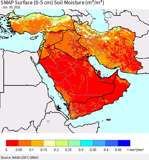 Middle East and Turkey SMAP Surface (0-5 cm) Soil Moisture (m³/m³) Thematic Map For 6/26/2021 - 6/30/2021